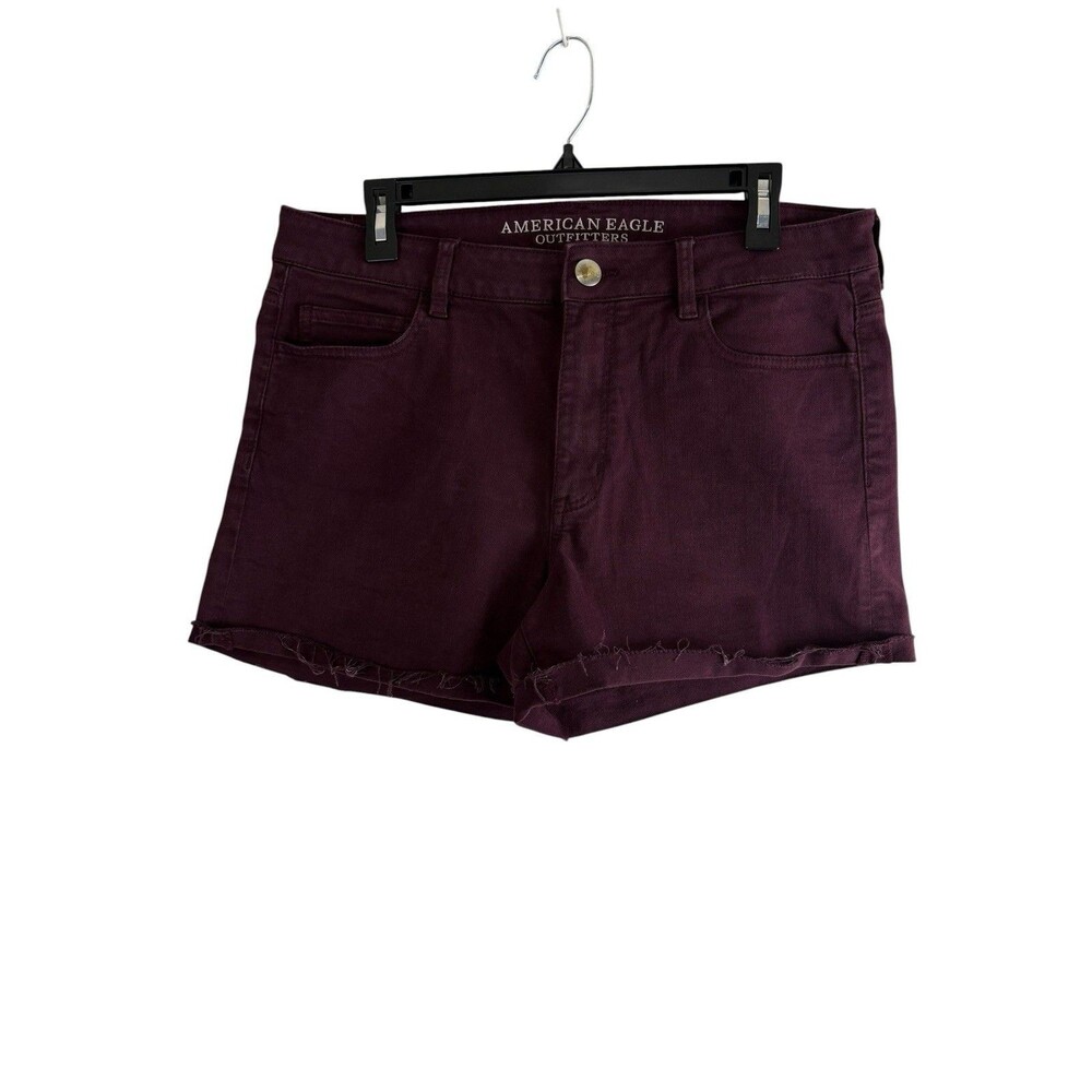 American Eagle Womens Shorts Size 14 Hi Rise Shortie Burgundy Raw Frayed hem